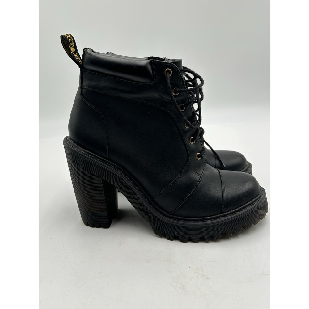 Dr Martens Averil Black Leather Heel Booties Sz 7 US Lace-Up Block Heel Women's